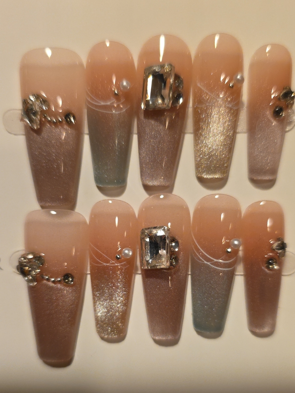 Elegant Nude Ombre Press-On Nails with Rhinestone Accents Size Large